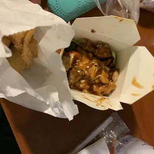 Spicy teriyaki chicken and crab puffs