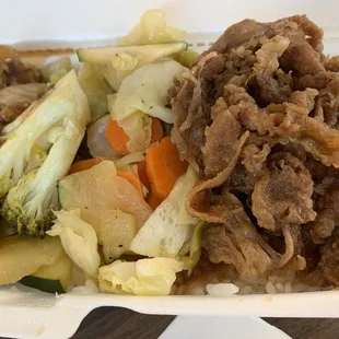 Teriyaki Chicken &amp; Beef with white rice and veggies