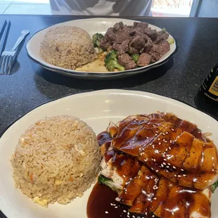 Beef and broccoli and Teriyaki Chicken.