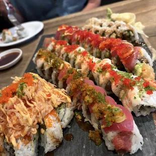 Left to right: volcano, candy cane, emperor trio, tuna tango, eel