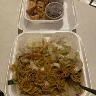 Chicken yakisoba and fried gyoza with extra sauce