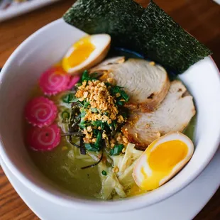 Tare poached chicken ramen in rich broth