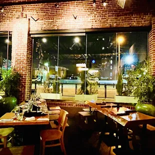 a view of a restaurant at night