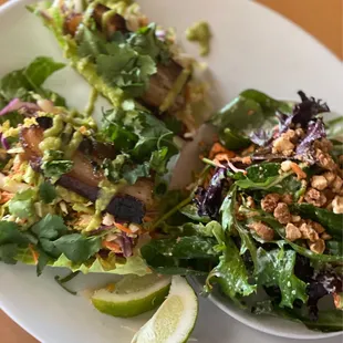 The pork belly tacos in lettuce cup with side salad. Todays pork was almost entirely fat. That was a first!