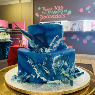 a blue and white cake