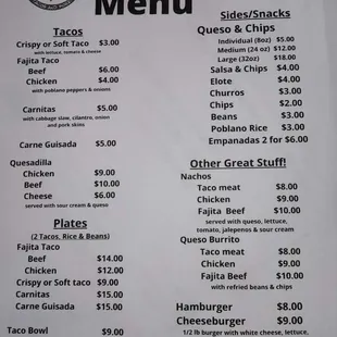Regular menu ...check us out on Facebook for our weekly specials