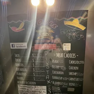 a menu on the wall