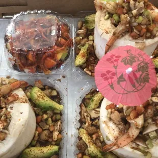 a variety of food items in a box