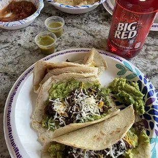 Barbacoa, bean/cheese, homemade flour tortillas and big red