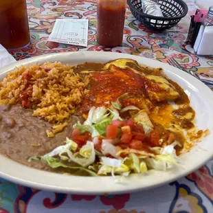 Cheese enchiladas, rice and beans