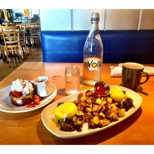 Pot Roast Benedict w/Potatoes &amp; Red Velvet French Toast ! Nice! and Coffee . Yolk.Oak Park/River Forest Location. Quick Nice Service. Cool!