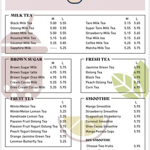 the menu for yolo tea