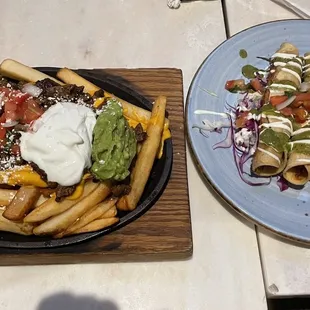 Carne asada fries &amp; chicken taquitos