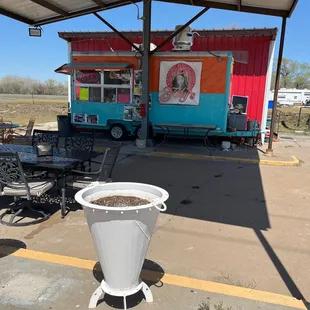 a food truck in the background