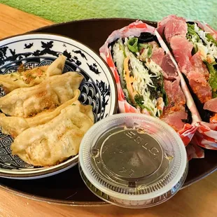 Sandwich combo: tuna rice sandwich and gyoza