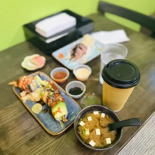 Yoma cafe miso soup and dragon roll