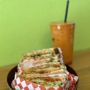 Chicken katsu sandwich with Thai Ice tea