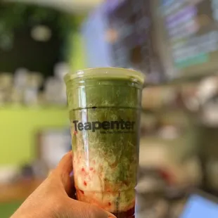 Uji Matcha Latte with oat milk, strawberry and boba