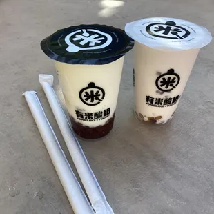 Beverages. Taro Taro on the right. Red Bean Oats to the left.