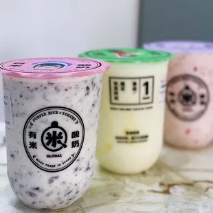 Yomie's Purple Rice Yogurt ($6.15), Durian Yogurt ($6.50), Straw To My Berry ($6.25)