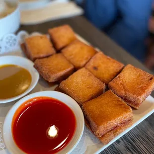 Shrimp toast was surprisingly good. With sweet sauce and mustard sauce.