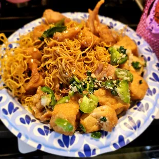 Lunch @Yong's Kitchen; 12/8/2024. My plate Lunch @home. Cake Noodle w/Minute Chicken &amp; Fried Tofu. Da Tofu was Tasty w/Green Onion &amp; Garlic?