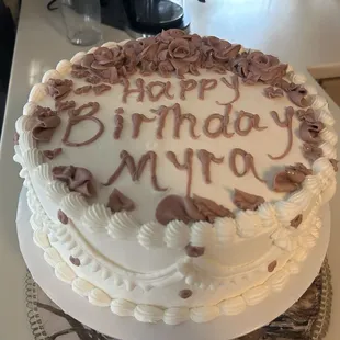 Birthday cake with rose gold decoration.