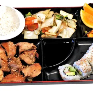 TERIYAKI BOX     Grilled Chicken Teriyaki Or Beef Teriyaki - $ 9.99          ( Rice , Vegetables , Squid , Orange , California Roll )