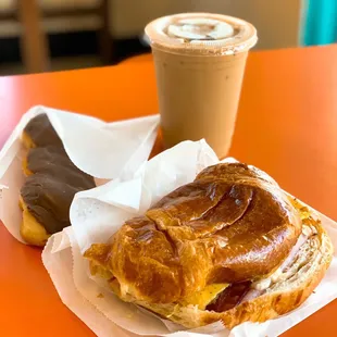 Ham, bacon &amp; cheese croissant, chocolate twist + iced coffee