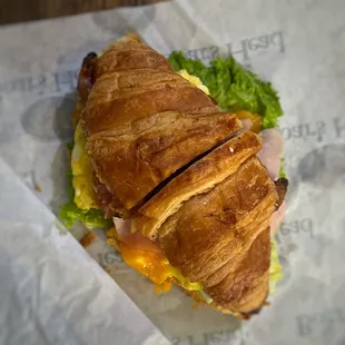 Murphy's breakfast sandwich on a croissant