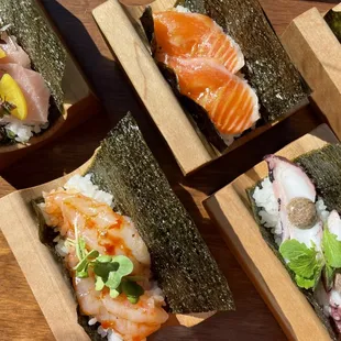 Sushi handrolls are served open faced