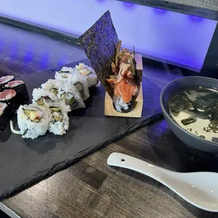 Spicy tuna roll, spicy octopus roll, hand Oyako Roll