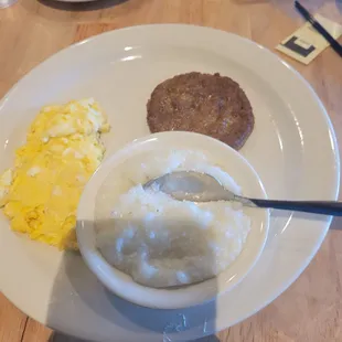 Grits. Eggs, Sausage Patty