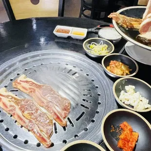 a variety of foods on a grill
