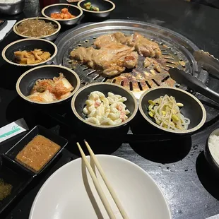 Sides, chicken thighs, kimchi