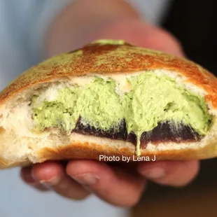 Inside of Red Bean Matcha Cream Bread ($3.50) - good! Cream has a strong matcha flavor.