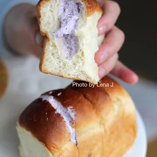 Cream Sand Bread with Taro Cream ($4.50) - can feel the sugar granules in the cream. Bread is soft and fluffy, slightly sweet.