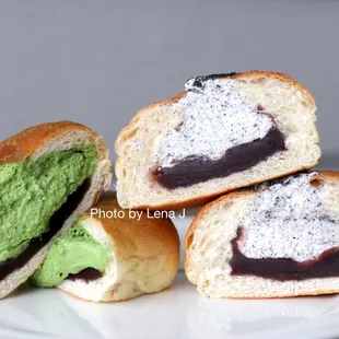 Red Bean Matcha Cream Bread ($3.50) and Black Sesame Seed &amp; Red Bean Cream Bread ($3.50) - I prefer the matcha. Black sesame flavor is muted