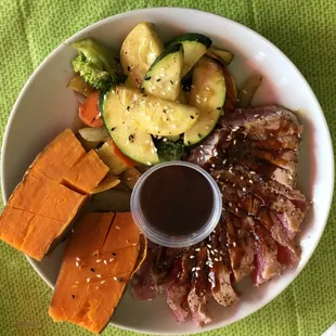 a plate of meat and vegetables