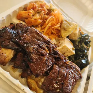 Kalbi and BBQ Chicken combo, no rice, 5 choices veggies