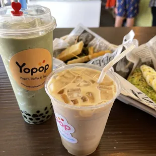 Matcha Smoothie with honey boba and Caramel Macchiato with extra caramel drizzle