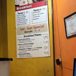 Breakfast taco menu