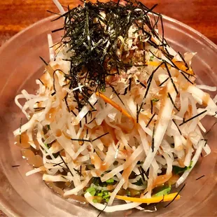 a plate of food on a wooden table