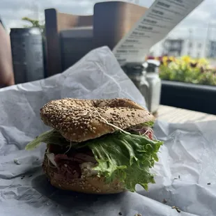 The Farmer w/ regular cream cheese on a sesame bagel