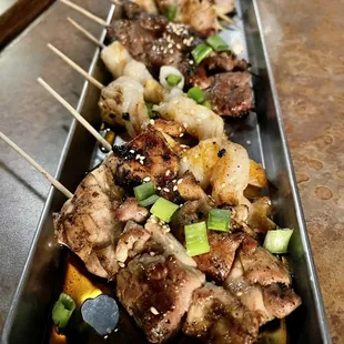Pork Belly Yakitori, Beef Yakitori, Shrimp Yakitori, &amp; Chicken Yakitori
