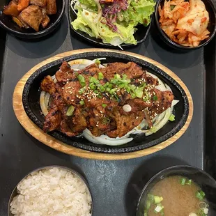 Pork bulgogi $15.99 comes with sides: miso soup, white rice, salad, Kimchi, gamjajorim (sweet diced potatoes)