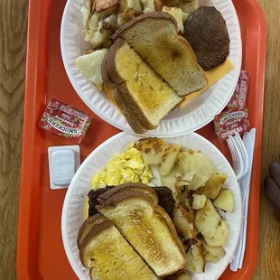 2 eggs with livermush home fries and toast and 2 eggs with sausage home fries and toast