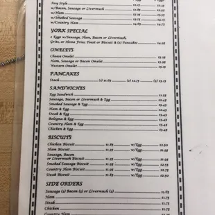 Menu including hours and phone number