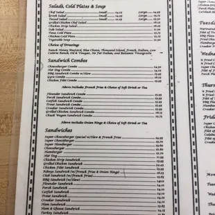Menu including hours and phone number