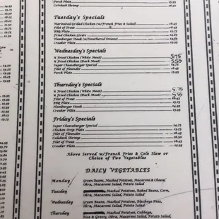Menu including hours and phone number